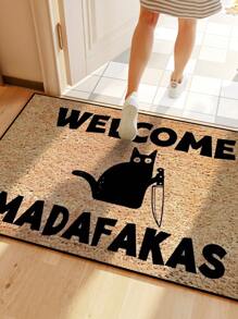 1pc Cat Holding Knife "Welcome" Pattern Doormat, Simple Style Indoor & Outdoor Non-Slip Mat, Machine Washable Anti-Fouling Absorbent Quick-Dry Entrance Mat, Suitable For Kitchen, Dining Room, Hallway, Bathroom, Bedroom, Outdoor, Entryway, Home Decor, Room Decor, All Season Rug Carpet Rugs Door Mat Carpet For Living Room Kitchen Rug Bedroom Decor Blankets And Throws Rugs For Bed Room Bathroom Decor Room Decoration Stuff Living Room Decor Office Decor House Decor Home Decor Living Room Bathroom Rug Room Decor Aesthetic