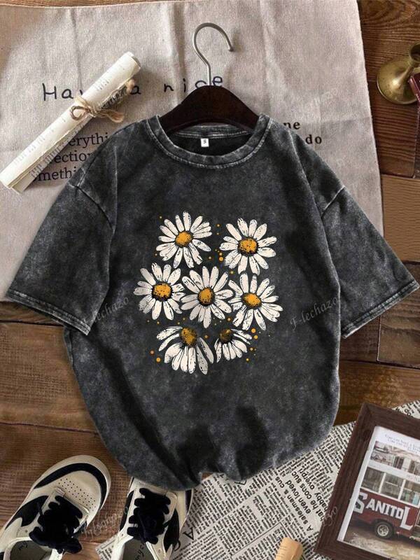 Women's Casual Round Neck Short Sleeve Daisy Print T-Shirt, Vacation Wear