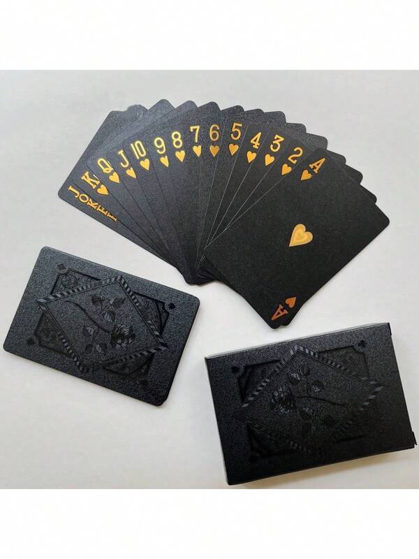 1 Set Of Waterproof 24k Gold Playing Cards - Waterproof Black Gold Playing Cards - Plastic Playing Cards With Foil Finish - Great For Magic, Gambling And Collectible Valentine's Day Gifts/New Year Gifts, Adult Party Games For Halloween/Christmas/Thanksgiving