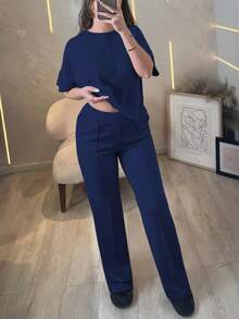 2pcs Casual Women Set, Solid Color Short Sleeve Top And Elastic Waist Pocket Pants, Spring/Summer