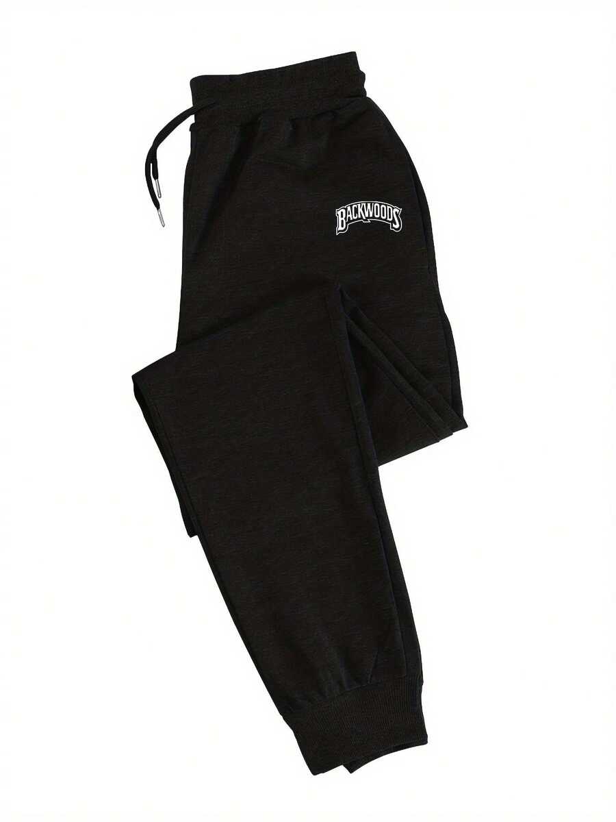Backwoods Men's Casual Sweatpants - Loose Fit With Pockets, Stretch Fabric, Drawstring Waist, Black With 'AMSTERDAM VS' Print - Perfect For Autumn, Gym, And Running - 黑色 - 查看 1