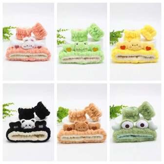 Set de 3 piezas de vincha y muñequera de terciopelo de coral suave y absorbente con diseños de conejito, rana, polluelo, panda y oso. Accesorios de pelo con diseños de animales de dibujos animados lindos para quitar el maquillaje, mascarillas faciales, spa, etc. de vuelta a la escuela