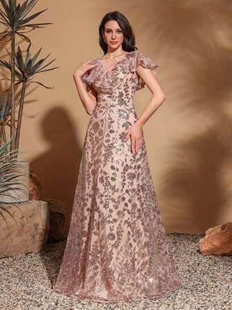 Elegante vestido de cuello en V con flores, mangas de malla transparente y ribete brillante, silueta de línea A perfecto para bodas, fiestas y eventos formales - Tela de malla transpirable para todas las estaciones, vestimenta elegante para eventos | Vestido de cuello en V | Vestido con estampado floral