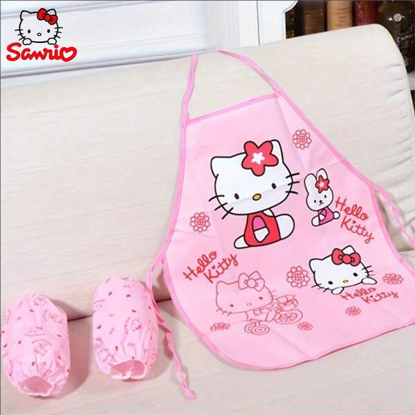 Sanrio 1 Delantal con estampado de Hello Kitty de Sanrio, delantal de lino de alta densidad con puño, adecuado para utensilios de cocina, accesorios de cocina, delantal para pintar, interacción familiar al aire libre, es la opción perfecta para mantener su ropa limpia y ordenada.