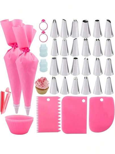 36 piezas Juego de bolsas y boquillas de color rosa, 24 boquillas de acero inoxidable para glaseado con 2 bolsas de silicona reutilizables, alisador de glaseado, moldes de silicona para hornear, 2 acopladores, kit de herramientas para decorar pasteles para hornear, decorar, fiestas de San Valentín, decoración del hogar, regalos para el hogar