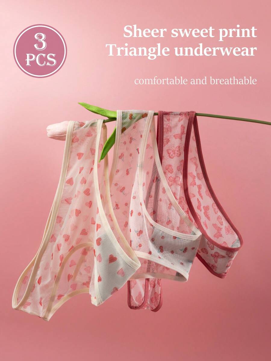 3pcs Set Fruit & Butterfly Print Comfy Minimalist Casual/Sportswear Women Underwear Briefs Bikini, Sexy - Multicolor - View 1