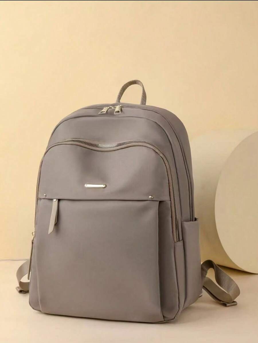 LECEY 1 chiếc Ba lô nylon có khóa kéo dung tích lớn tối giản màu trơn, Túi học sinh có dây đeo vai/xách tay có thể tháo rời, Túi du lịch - Màu Khaki - Xem 1