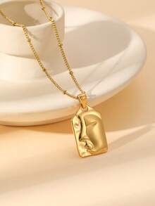 1pc Retro Fashion 18K Gold Plated Stainless Steel Necklace With Compass, Sun Totem, Mask Pendant, Unisex Couple Jewelry Gift For Daily Wear Or Party - Gold - View 2