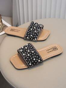 Summer New Fashion Rhinestone Beaded Girls' Soft Bottom Square Toe Slippers - Black - View 5
