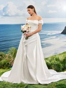 夏季露肩浪漫缎面亮白色优雅美人鱼婚纱，适合新娘、订婚，带拖尾 - 白色 - 查看 6