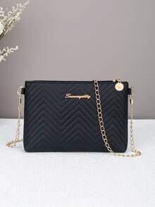Women's New Fashionable Wave Embossed Chain Crossbody Bag, S Branded Hardware Shoulder Bag, Clutch Envelope Bag, With Detachable Strap And Security Zipper - Black - View 9
