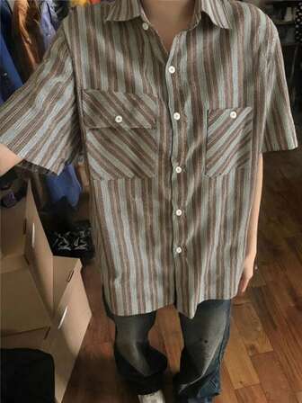 女士复古蓝色条纹短袖正装衬衫，日式风格