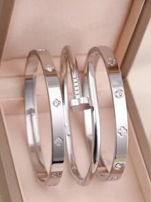 3pcs Fashion 18K Gold Plated Stainless Steel Four-Leaf Clover Nail Bracelet, Suitable For Women's Party, Daily Wear, European And American Style, Personalized, Generous, Luxury Cubic Zirconia Wristband, Wedding Jewelry Set, Gift For Girls, Women, Relatives, Friends, Beautiful Wedding, Birthday, Valentine's Day, Mom, Mother, Mother's Day, Gift