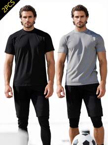 2pcs Classic Grey & Black Short Sleeve T-Shirts, Summer Quick Dry Breathable Soft Comfortable Fabric, Suitable For Casual & Sports Occasions