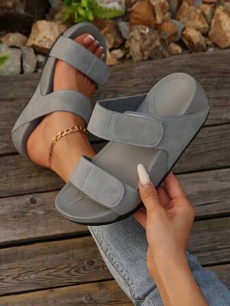 Summer 2025 New Lightweight Sport Style Wedge Slippers Women, Comfortable Hook And Loop Elastic Thick Sole Sandals, Plus Size