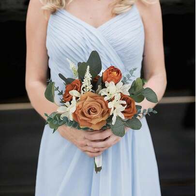 1 件婚礼花束玫瑰人造花束秋季婚礼装饰新娘焦橙色新娘花束婚礼赤陶花束婚礼仪式求婚，玫瑰婚礼胸花，假丝绸玫瑰花束用于婚礼派对办公室家居装饰工艺品
