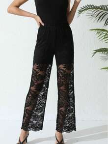 Dark Style Lace Contrast Mesh Long Pants, Minimalist And Fashionable, Suitable For Summer - Black - View 5