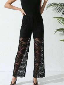 Dark Style Lace Contrast Mesh Long Pants, Minimalist And Fashionable, Suitable For Summer
