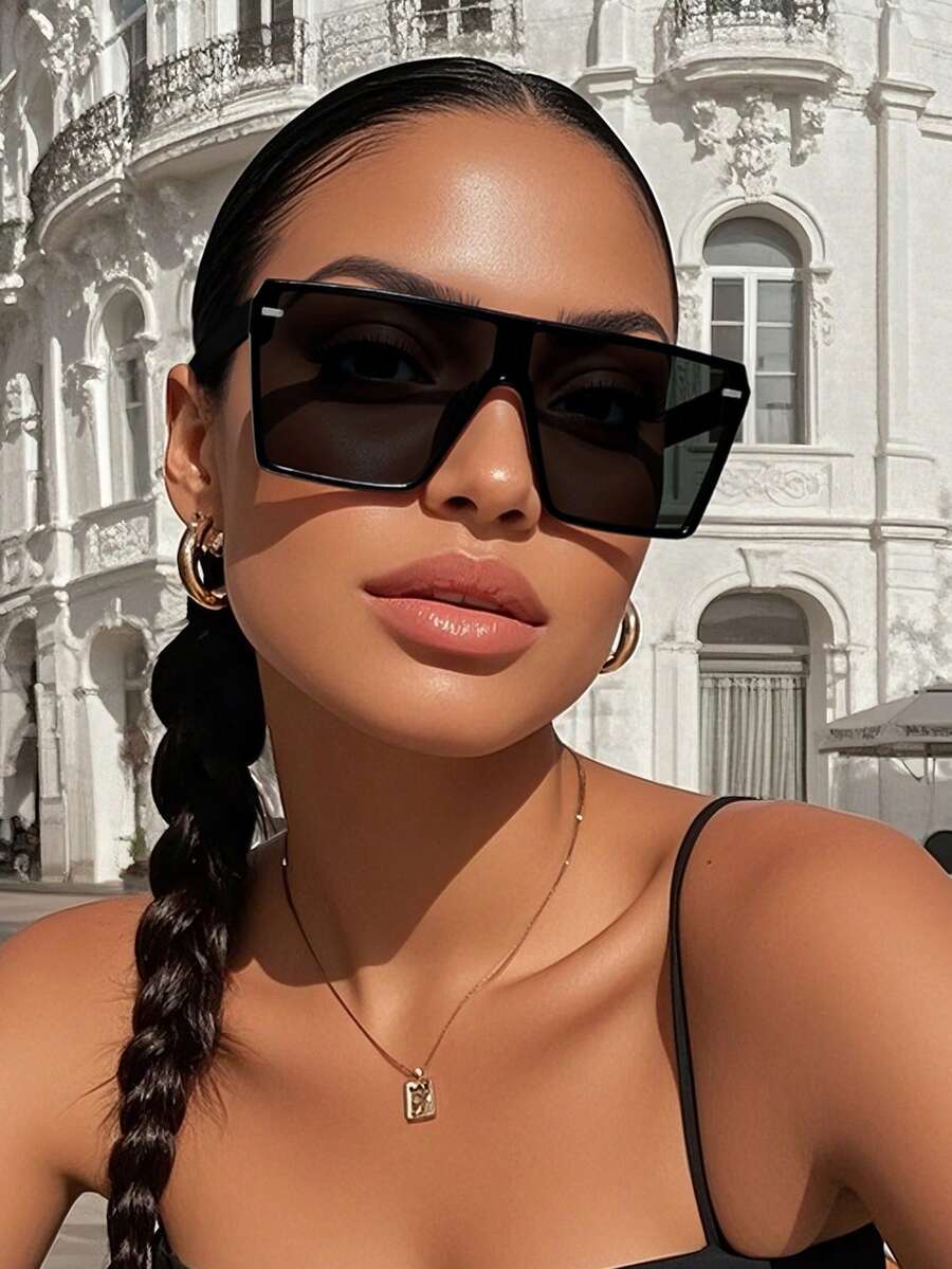 1 Pair Shield-Shaped Large Frame Studded Rimless Sunglasses, Suitable For Fishing, Travel, Sports, Driving, Holiday Outfits, Summer Accessories, Beach, Music Festivals, Outings, Vacation, Family Trips, Elegant Attire, Street Style Accessories, Athletic Style, Parties, Outdoor Activities, Holiday, UV Protection, Golf, Hiking, Outdoor Activities. - 彩色 - 查看 1