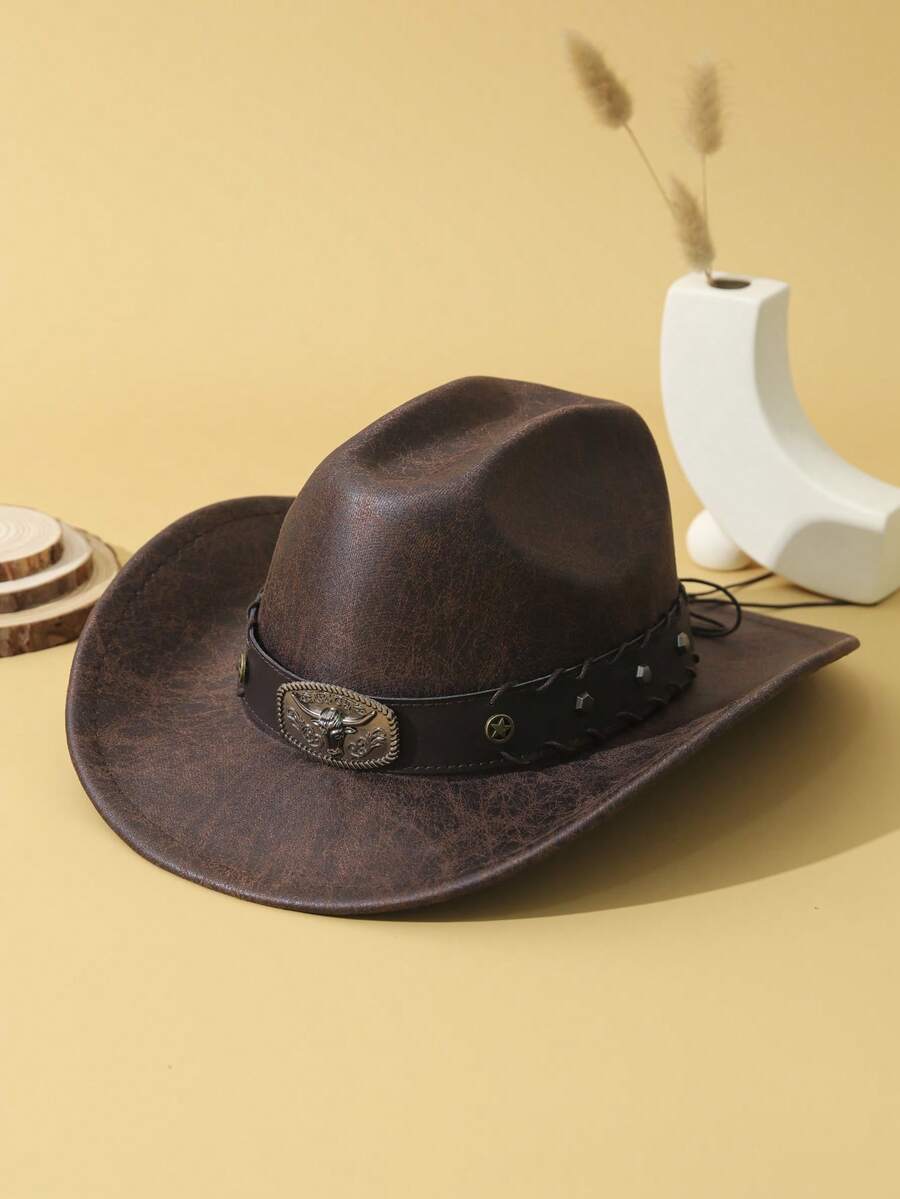 1pc Unisex Cattle Head & Belt Decor Boho Jazz Cowgirl Hat Cowboy Hat Ridge Wide Brim Handmade Soft Felt Hat Panama Hat Fedora Hat Western Suitable For Party - 咖啡棕 - 查看 1