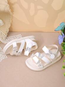 1 Pair Girls Rhinestone Butterfly Decor Leather Soft Anti-Slip Open-Toe Hook And Loop Flat Sandals, Sweet Princess Style, For Party/Daily Outfits - White - View 6