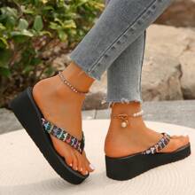 Chanclas de mujer con cuerda, plataforma trenzada de paja con tacón de 5cm de grosor, sandalias de cuña resistentes al desgaste y antideslizantes para vacaciones, playa y verano
