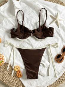 2 pezzi Set bikini da donna, effetto snellente, stile push-up con disegno allegro a laccetti, adatto per spiaggia e feste in piscina estive