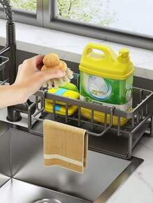 1 Sink Organizer With Automatic Drain Tray For Sponges, Dishwashing Liquid, Cleaning Towels And Brushes, And Organization Basket For Home Cleaning Kitchen Countertops, Black Or Gray Dish Cloth Holder, No Drilling Or Suction Cups Required, Drain Rack Basket Organizer - 灰色 - 查看 7