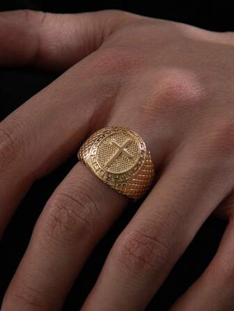 1pc Fashionable Metallic Textured Cross Design Men's Ring, Men Jewelry