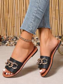 女士夏季休闲平底编织拖鞋，露趾罗马风格拖鞋，适合礼服、沙滩装、度假装 - 黑色 - 查看 3