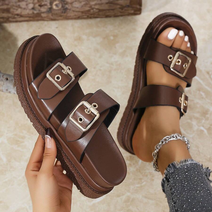 Bộ sưu tập giày dép nữ cỡ lớn mới về mùa xuân 2025, dép xăng đan đế dày kiểu Âu và Mỹ thích hợp cho hoạt động ngoài trời, trang phục mùa hè, đồ dùng cần thiết khi đi du lịch. - màu nâu - Xem 1