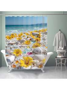 1pc/4pcs Ocean & Beach Floral Print Bathroom Curtain Set 12 Hooks, Anti-Slip Bath Mat, U-Shaped Toilet Mat & Round Toilet Cover, Multifunctional Bathroom Set For All Occasions Back To School
