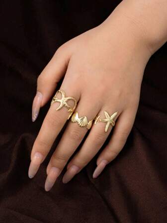 3 件套夏季度假海滩海星海星图案金色戒指套装，女士适用