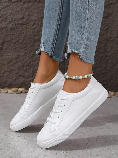 秋冬大码女式运动鞋，白色休闲系带平底运动鞋，适合学校/学生，百搭时尚运动鞋