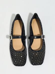 女士黑色网眼透气平底凉鞋，水钻装饰玛丽珍芭蕾平底鞋，轻便舒适，适合夏季穿着 - 黑色 - 查看 3