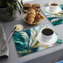 1/4/6/8/12 Pcs Linen Dining Table Placemats, Colorful Feather Oil Painting 3D Print Washable Table Mats, Surface Protective Pads, Indoor Outdoor Dining Table Mats, Suitable For Holiday Parties, Kitchen