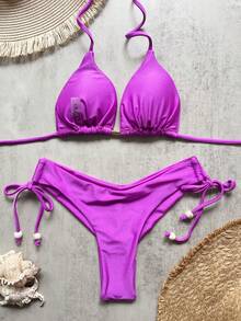 女士夏季沙滩纯色吊带系带性感比基尼泳装套装度假 - 紫色 - 查看 3