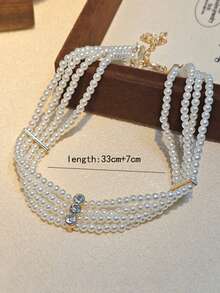 1pc Retro Multilayer Rhinestone & Pearl Necklace, Fashion Versatile Delicate Luxurious Choker Necklace - Multicolor - View 3