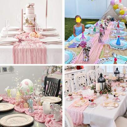 1pc Pink Cheese Cloth Tablecloth Bohemian Gauze Cheesecloth Countryside Transparent Table Cover, Suitable For Wedding, Bridal Shower, Baby Shower, Birthday Or Holiday Party, Cake Display And Romantic Dinner Party Table Decoration Banner