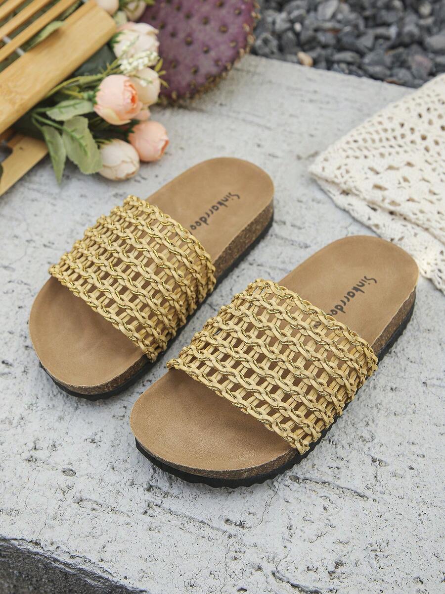 1 Pair New Style Kids Fashionable Casual Handmade Woven PU Material Net Striped Embellished Non-Slip Soft Cork Flat Open-Toe Slippers, Suitable For Summer - Ginger - View 1