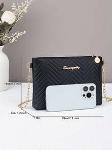 Women's New Fashionable Wave Embossed Chain Crossbody Bag, S Branded Hardware Shoulder Bag, Clutch Envelope Bag, With Detachable Strap And Security Zipper - Black - View 7