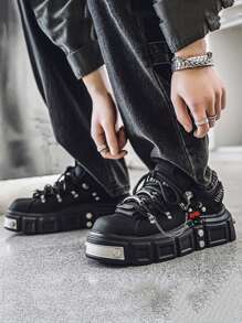 New 2024 High-End Punk Style Skull Decoration Thick Sole Derby Shoes For Men, Mixed Colors Casual Sneakers With Metal Accent, Heightening Design