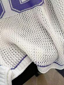 女士超大夏季情侣数字印花宽松休闲运动衫，优雅镂空冰丝针织毛衣 - 淡紫色 - 查看 7