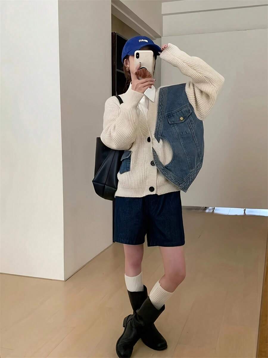 Denim Patchwork Sweater Cardigan For Women, New Spring Loose Knit Coat Top - White - View 1