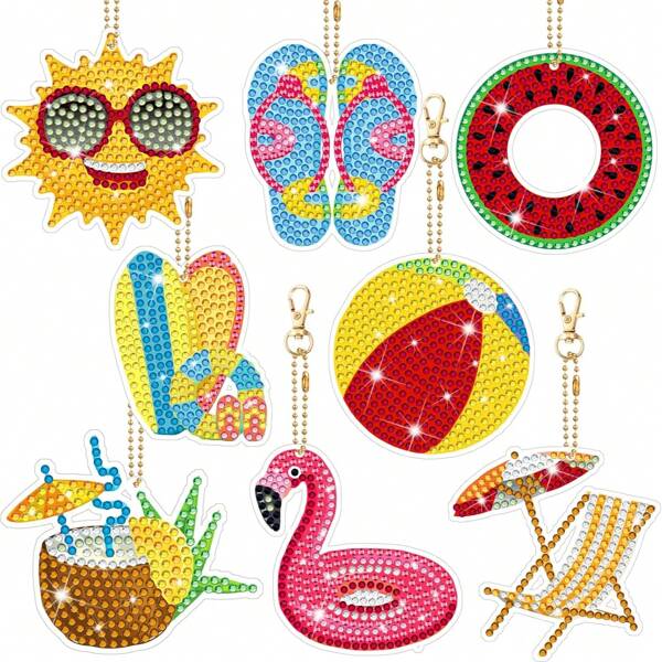 8pcs Double-Sided Diamond Art Keychain DIY Craft Kit, Summer Swimming Keyring Craft Kit