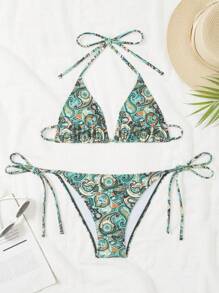 Maiô Feminino de Estampa de Paisley para Praia de Verão, Conjunto de Maiô Bikini Triângulo Sexy com Alça Halter no Pescoço