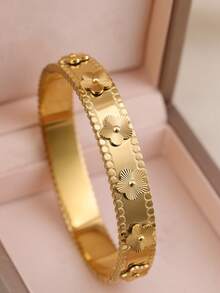 Fashion 18K Gold Plated Stainless Steel Floral Bangle Bracelets, Cubic Zirconia Inlaid, Waterproof, European Style Wrist Jewelry For Women, Casual, Wedding, Party, Valentine's Day Gift,Mom,Mother,Mother's Day,Gift - Five-leaf Clover Style - View 10