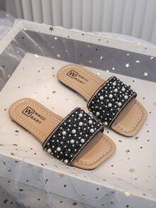 Summer New Fashion Rhinestone Beaded Girls' Soft Bottom Square Toe Slippers - Black - View 16