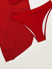 3pcs/Set Plus Size Women Sexy Solid Color Sling Metal Accessories Bikini Set - Red - View 4