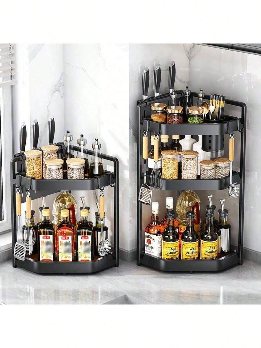 A Kitchen Rack Countertop Corner Triangle Spice Rack Corner Pendant Corner Storage Wall Hanging Free Punching Shelf - Black Three-layer - View 1